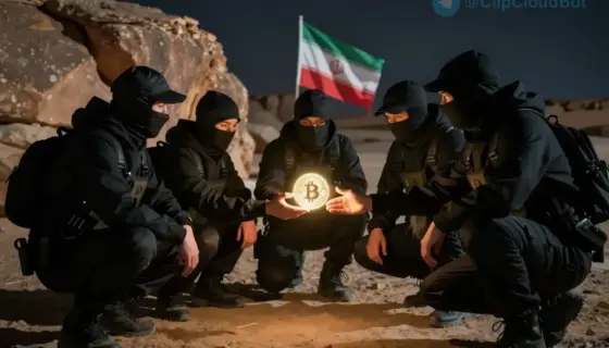 A group of small, stealthy spies in dark clothing, crouched behind desert rocks at night, exchanging a glowing cryptocurrency symbol (like Bitcoin) in their hands, with faint Iranian flags and desert landscape in the background, tense and secretive atmosphere