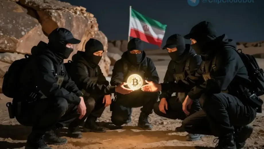 A group of small, stealthy spies in dark clothing, crouched behind desert rocks at night, exchanging a glowing cryptocurrency symbol (like Bitcoin) in their hands, with faint Iranian flags and desert landscape in the background, tense and secretive atmosphere