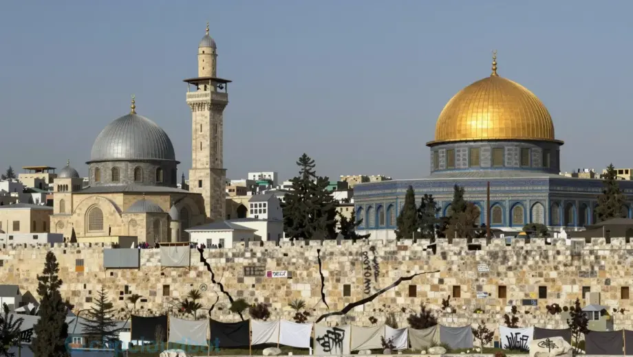 A symbolic contrast between Damascus and Jerusalem, showing two ancient city skylines facing each other across a divided landscape — on one side, the domes and minarets of Damascus with warm ochre and sandstone tones, on the other, the stone walls and golden domes of Jerusalem under a clear sky; between them, a fractured barrier with subtle signs of protest — empty banners, scattered stones, and faint graffiti-like marks of resistance — rendered in a solemn, realistic style with muted earth tone
