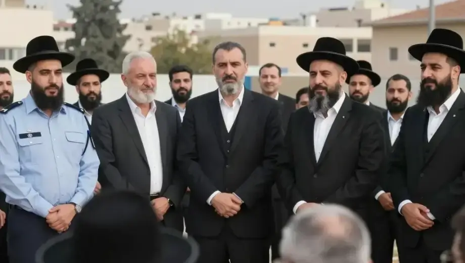 A peaceful gathering of a gázai milíciák (civic militia) and a haredi Jewish community in Israel, showing unity and cooperation, with diverse individuals standing together in a hopeful atmosphere