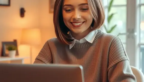 A friendly young woman with short brown hair, wearing a casual sweater, sitting at a cozy wooden table in a warmly lit room, looking at a laptop screen with a gentle smile, representing a human friend interacting with artificial intelligence