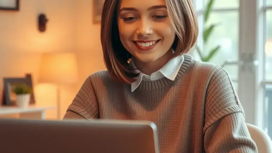A friendly young woman with short brown hair, wearing a casual sweater, sitting at a cozy wooden table in a warmly lit room, looking at a laptop screen with a gentle smile, representing a human friend interacting with artificial intelligence