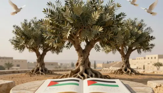A symbolic image representing peace negotiations between Riyadh, Cairo, and Jerusalem regarding the Palestinian issue: three ancient olive trees growing from a single shared root, their branches intertwining to form a circular canopy above a stone table with an open peace treaty document, soft golden hour light, doves flying gently above, no text or symbols on the document, serene and hopeful atmosphere