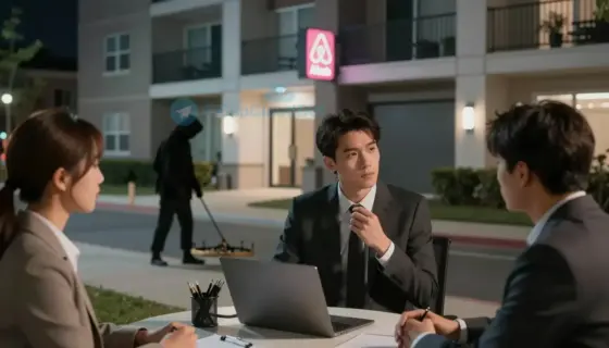 A tense urban scene at night showing a shadowy figure setting a trap near a modern apartment building with Airbnb signage, while a confrontational meeting occurs in the foreground between two businesspeople and a local resident, symbolizing market conflict and hidden dangers in the sharing economy, cinematic lighting, high detail, realistic urban atmosphere