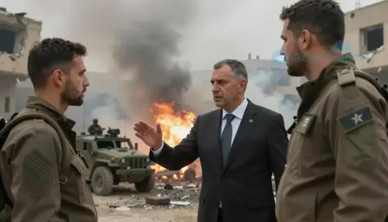 A dramatic scene depicting a tense confrontation in a war-torn urban environment, with smoke rising from damaged buildings, distant explosions, and silhouettes of military vehicles. In the foreground, a stern-faced American official gestures firmly while an Israeli representative stands nearby, both under a hazy, overcast sky. The atmosphere is heavy with tension, suggesting diplomatic pressure and conflict escalation.