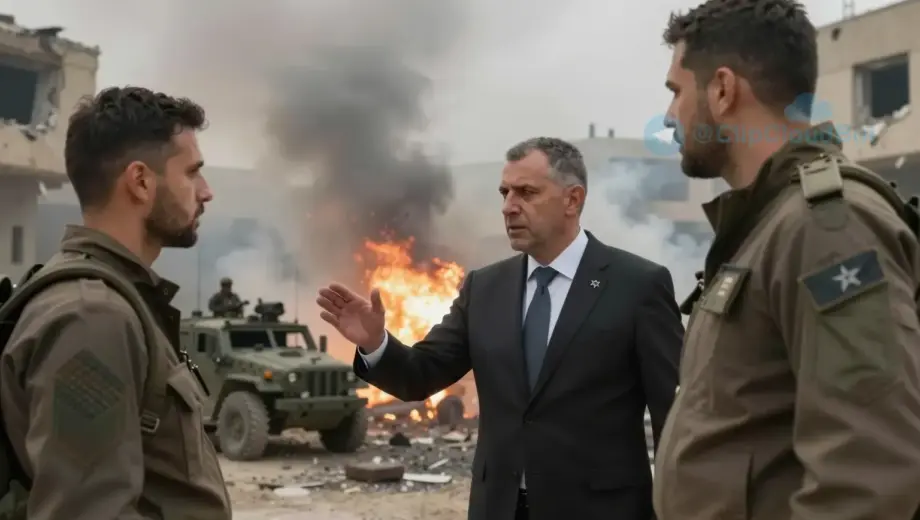 A dramatic scene depicting a tense confrontation in a war-torn urban environment, with smoke rising from damaged buildings, distant explosions, and silhouettes of military vehicles. In the foreground, a stern-faced American official gestures firmly while an Israeli representative stands nearby, both under a hazy, overcast sky. The atmosphere is heavy with tension, suggesting diplomatic pressure and conflict escalation.
