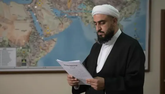 A solemn scene depicting a Shia sheikh standing in a modest, dimly lit room, holding a folded document labeled 'Sanctions Against Israel' in Arabic script, with a map of the Middle East on the wall behind him showing Lebanon and Israel highlighted, subtle shadows suggesting tension, no visible weapons or violence, focus on contemplative resolve