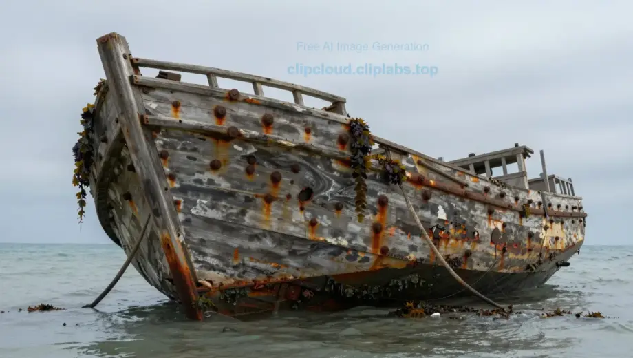 A weathered wooden shipwreck partially submerged in shallow coastal waters, with visible hull planks, rusted metal fittings, and seaweed draped over the structure, under a soft overcast sky, evoking historical discovery and quiet solemnity