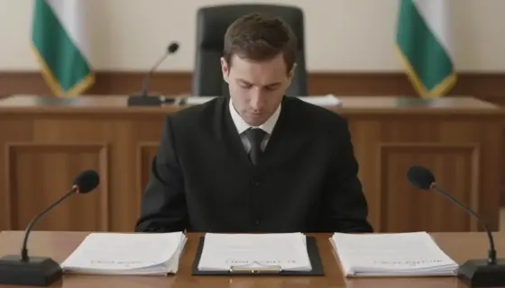 A formal courtroom scene with a judge's bench, legal documents, and a neutral atmosphere, suggesting an ongoing investigation into the Hind Radzsab case, with subtle Hungarian and Middle Eastern cultural elements in the background, such as a flag or architectural detail, but no visible faces or identifying features of individuals