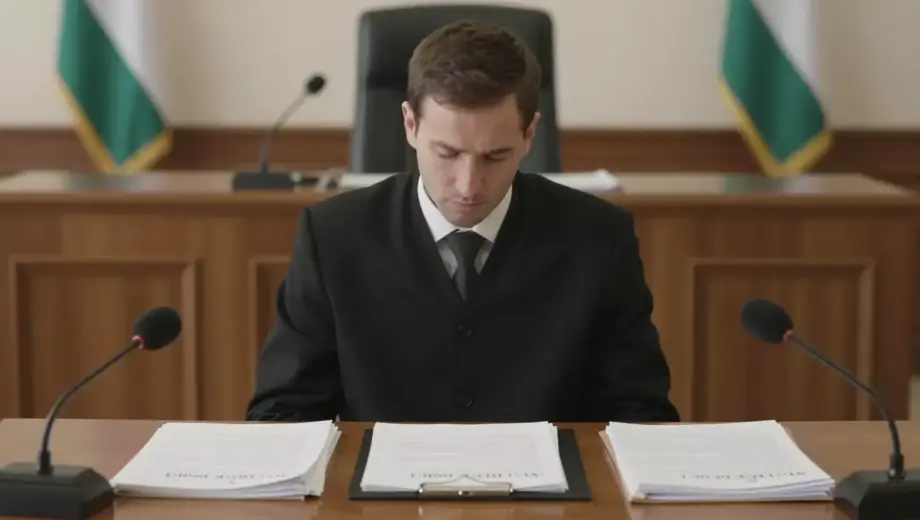 A formal courtroom scene with a judge's bench, legal documents, and a neutral atmosphere, suggesting an ongoing investigation into the Hind Radzsab case, with subtle Hungarian and Middle Eastern cultural elements in the background, such as a flag or architectural detail, but no visible faces or identifying features of individuals