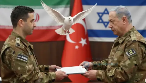 A symbolic image representing Iran ending a war through secret operations and a Turkish step involving Netanyahu, showing a dove of peace emerging from shadowy figures in military uniforms exchanging documents, with subtle flags of Iran, Turkey, and Israel in the background, all in a tense but hopeful diplomatic atmosphere