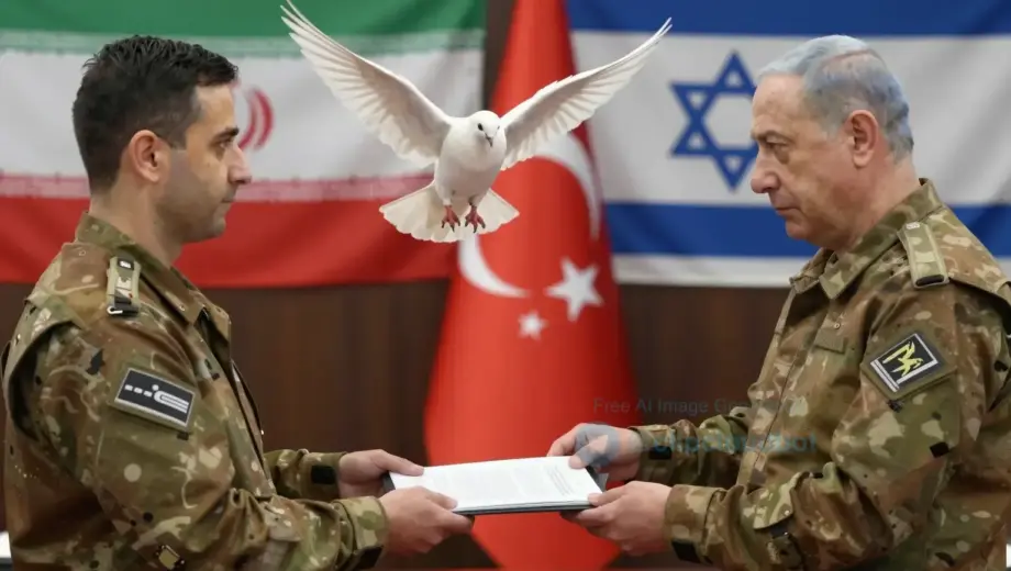 A symbolic image representing Iran ending a war through secret operations and a Turkish step involving Netanyahu, showing a dove of peace emerging from shadowy figures in military uniforms exchanging documents, with subtle flags of Iran, Turkey, and Israel in the background, all in a tense but hopeful diplomatic atmosphere