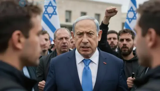 A dramatic political scene showing Israeli Prime Minister Benjamin Netanyahu in a tense confrontation with a group of protestors outside a government building, with dramatic lighting and intense facial expressions, conveying political scandal and public outrage