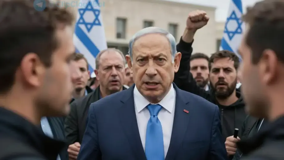 A dramatic political scene showing Israeli Prime Minister Benjamin Netanyahu in a tense confrontation with a group of protestors outside a government building, with dramatic lighting and intense facial expressions, conveying political scandal and public outrage