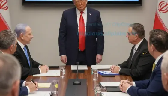 A high-level strategic meeting in a modern conference room showing Donald Trump and Israeli Prime Minister Benjamin Netanyahu alongside Iranian military officials discussing an intense joint military operation, with maps, documents, and digital screens displaying tactical plans, serious expressions, and professional atmosphere