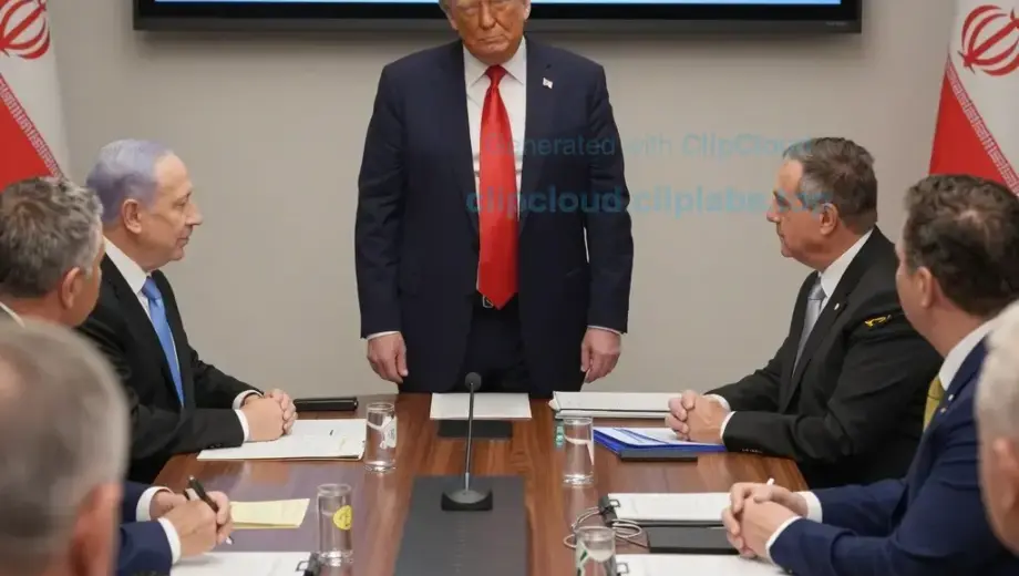 A high-level strategic meeting in a modern conference room showing Donald Trump and Israeli Prime Minister Benjamin Netanyahu alongside Iranian military officials discussing an intense joint military operation, with maps, documents, and digital screens displaying tactical plans, serious expressions, and professional atmosphere