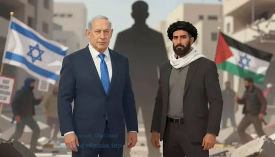 A symbolic illustration depicting Israeli Prime Minister Benjamin Netanyahu standing opposite a shadowy figure representing Hamas and Hezbollah fighters disguised as civilians, set against a tense urban background with blurred city ruins and political symbols like flags and protest signs, conveying themes of conflict, deception, and political tension