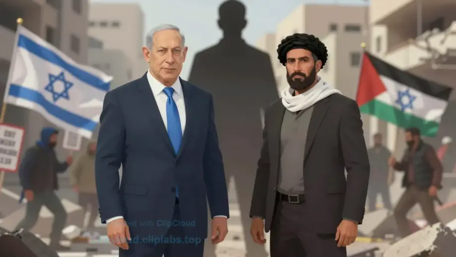 A symbolic illustration depicting Israeli Prime Minister Benjamin Netanyahu standing opposite a shadowy figure representing Hamas and Hezbollah fighters disguised as civilians, set against a tense urban background with blurred city ruins and political symbols like flags and protest signs, conveying themes of conflict, deception, and political tension