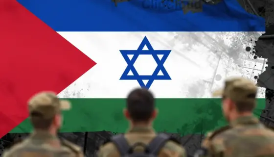 A symbolic image showing Israel rejecting the entry of ISF into Gaza, with rising tension depicted through contrasting colors and abstract elements representing conflict and political strain, no text or letters visible