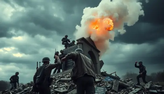 A powerful and emotional scene showing a terrorist group destroying a memorial monument dedicated to soldiers, with the monument being toppled and shattered, smoke and debris in the air, dark stormy sky, soldiers' uniforms and helmets visible among the rubble, conveying loss and violence, no text or symbols on the monument or in the scene