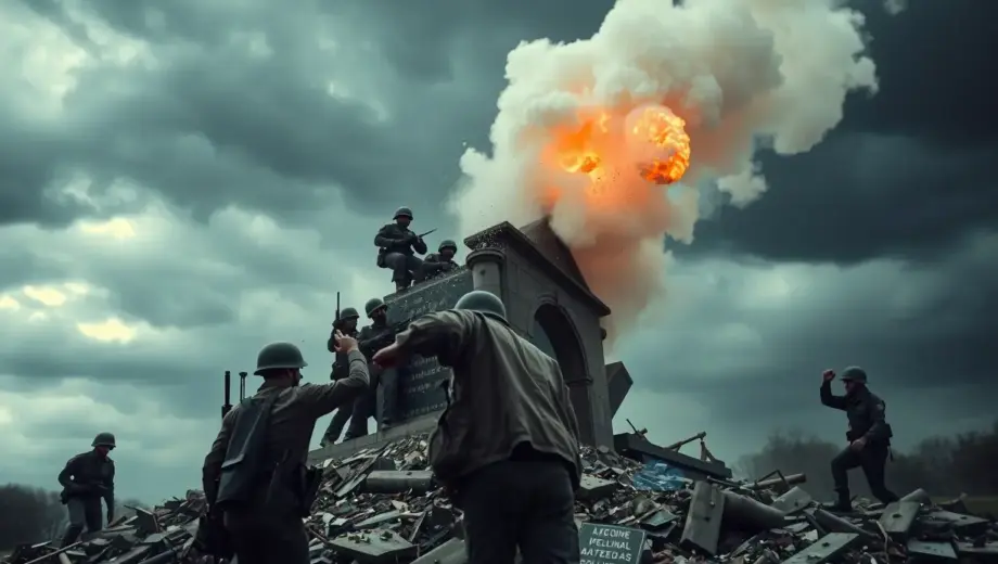 A powerful and emotional scene showing a terrorist group destroying a memorial monument dedicated to soldiers, with the monument being toppled and shattered, smoke and debris in the air, dark stormy sky, soldiers' uniforms and helmets visible among the rubble, conveying loss and violence, no text or symbols on the monument or in the scene