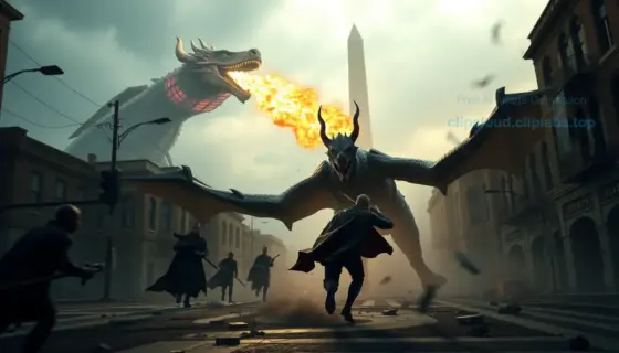 A dramatic scene showing a heroic figure chasing shadowy terrorist figures through a war-torn city street, while a massive dragon breathes fire in the sky above, and in the distant background, the Washington Monument stands under a stormy sky, all rendered in a cinematic, high-detail style with intense lighting and motion