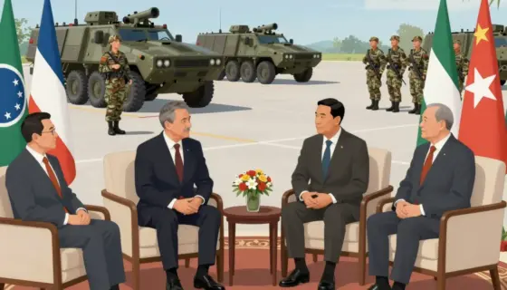 A detailed illustration depicting a high-level diplomatic meeting with representatives from different countries discussing financial and energy policies. In the background, a military inspection is taking place with soldiers in uniform and various military equipment. The scene should convey a sense of seriousness and importance, with a focus on the interplay between diplomacy and military preparedness.