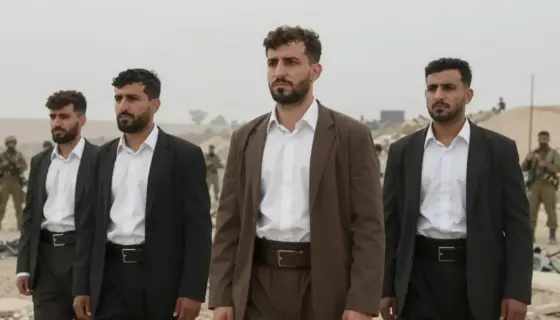 A solemn scene depicting Kurdish fighters in traditional attire standing resiliently amidst a war-torn landscape, with subtle hints of military tension in the background, symbolizing struggle and perseverance; no text, no logos, no modern weapons clearly visible, focus on human emotion and cultural dignity