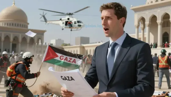 A symbolic scene depicting Jared Kushner's business dealings in Gaza, a chaotic protest inside a temple, and a rescue operation involving a person named Kolum, all rendered in a dramatic, cinematic style with layered visual metaphors — foreground: Kushner in a suit standing near a construction site with blueprints labeled 'Gaza Development'; midground: a crowded temple interior with people tearing down banners and shouting, dust and paper flying; background: a helicopter lowering a rescue line t