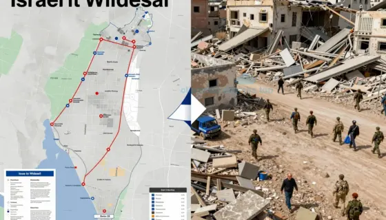 A symbolic split image showing Israeli military withdrawal plans on one side with maps, troop movements, and diplomatic documents, contrasted on the other side with the real-world situation in Gaza: destroyed buildings, displaced civilians, ongoing humanitarian crisis, and active conflict zones, all rendered in a realistic, detailed style emphasizing the gap between stated plans and on-the-ground reality