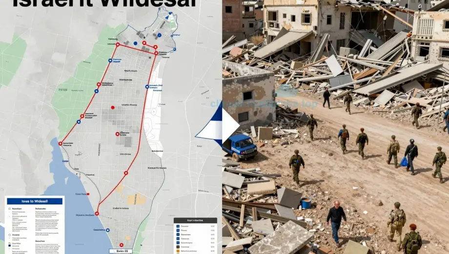 A symbolic split image showing Israeli military withdrawal plans on one side with maps, troop movements, and diplomatic documents, contrasted on the other side with the real-world situation in Gaza: destroyed buildings, displaced civilians, ongoing humanitarian crisis, and active conflict zones, all rendered in a realistic, detailed style emphasizing the gap between stated plans and on-the-ground reality