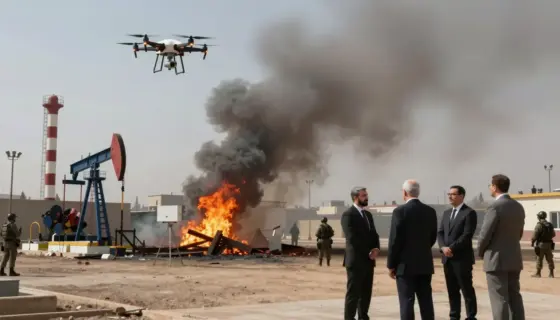 A dramatic scene showing a drone attack on a gas facility in Gázaba, with smoke and fire rising from damaged infrastructure, a diplomatic delegation in formal attire meeting in Qusra, and subtle visual hints of counter-terrorism operations such as surveillance equipment or security personnel in the background, all rendered in a realistic, news-photography style with muted tones and high detail