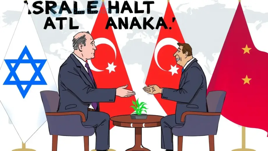 A symbolic diplomatic scene showing Israel halting Ankara, with subtle visual cues of American criticism and the Sabak people involved, set against a neutral international backdrop, no text or flags visible, focus on body language and atmosphere of tension and negotiation