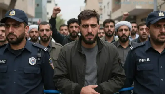 A dramatic scene showing the arrest of a terrorist suspect by security forces, with Iranian supporters in the background expressing solidarity, and angry Kurdish protesters demonstrating nearby, all set in an urban Middle Eastern environment with tense facial expressions and realistic clothing, no visible weapons in hands of civilians, focus on human emotion and social tension