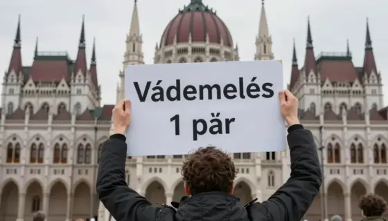 A dramatic scene showing a person dramatically removing a sign that reads 'Vádemelés 1 pár' in front of the Hungarian Parliament building, with intense lighting and a sense of protest, no text or numbers visible on the sign