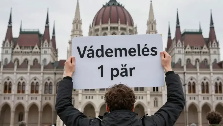 A dramatic scene showing a person dramatically removing a sign that reads 'Vádemelés 1 pár' in front of the Hungarian Parliament building, with intense lighting and a sense of protest, no text or numbers visible on the sign