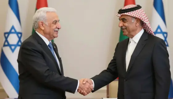 A symbolic image representing a diplomatic shift: a handshake between a Syrian official and an Israeli official, set against a neutral background with subtle elements of both nations' flags in the background, soft lighting, dignified and hopeful atmosphere, no text or symbols visible on clothing or flags