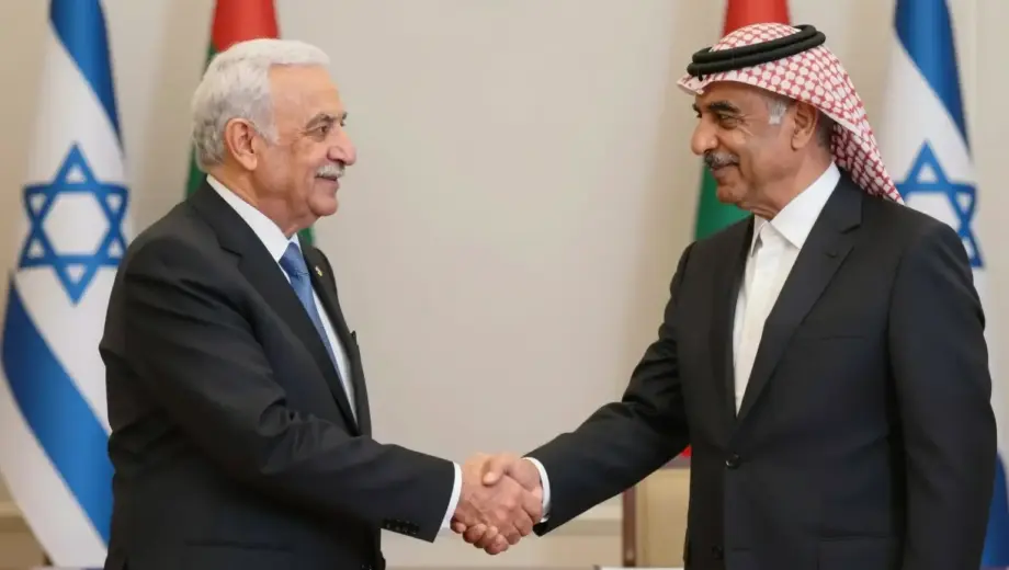 A symbolic image representing a diplomatic shift: a handshake between a Syrian official and an Israeli official, set against a neutral background with subtle elements of both nations' flags in the background, soft lighting, dignified and hopeful atmosphere, no text or symbols visible on clothing or flags