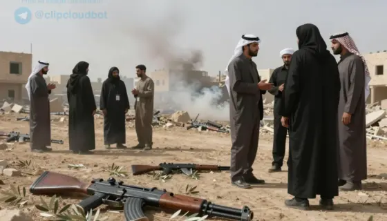 A symbolic scene depicting a fragile ceasefire in a Middle Eastern setting, with broken weapons and olive branches scattered on dusty ground, distant smoke rising from ruined buildings, and shadowy figures in traditional and modern attire engaged in tense negotiation under a pale, overcast sky — no text, no logos, no modern signage, no visible faces, no religious symbols explicitly shown