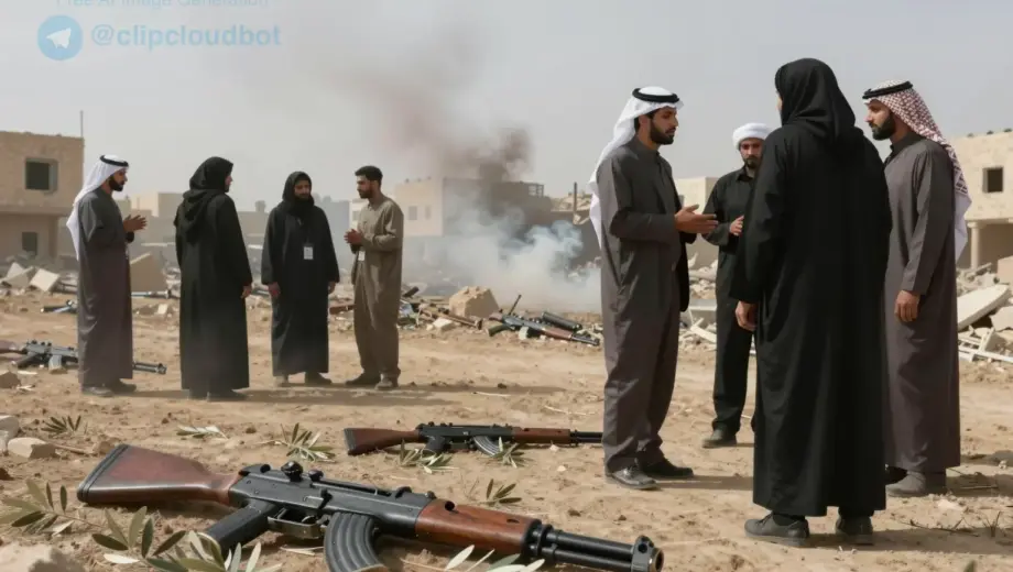 A symbolic scene depicting a fragile ceasefire in a Middle Eastern setting, with broken weapons and olive branches scattered on dusty ground, distant smoke rising from ruined buildings, and shadowy figures in traditional and modern attire engaged in tense negotiation under a pale, overcast sky — no text, no logos, no modern signage, no visible faces, no religious symbols explicitly shown