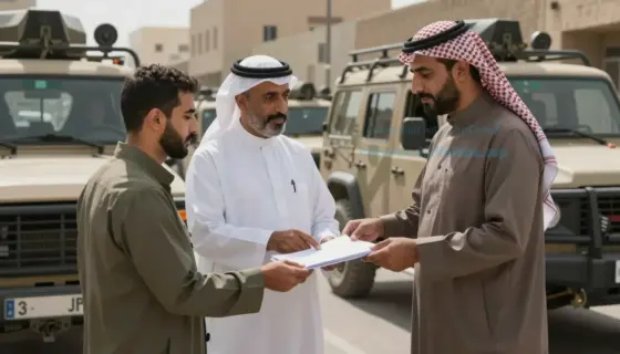 A Middle Eastern diplomat named Zamir visiting Syria, with a covert operation involving a deception plan and defectors from Uma, set in a tense urban environment with military vehicles, shadowy figures exchanging documents, and Middle Eastern architecture in the background, realistic lighting, no text or symbols