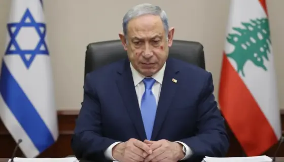 A solemn scene depicting Israeli Prime Minister Benjamin Netanyahu in his office, surrounded by documents and a Lebanese flag, with visible signs of distress or injury on his face or hands, symbolizing the explanation or aftermath of the Beirut port explosion, rendered in a realistic and dignified manner without any text or symbols