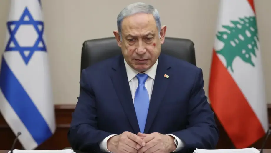 A solemn scene depicting Israeli Prime Minister Benjamin Netanyahu in his office, surrounded by documents and a Lebanese flag, with visible signs of distress or injury on his face or hands, symbolizing the explanation or aftermath of the Beirut port explosion, rendered in a realistic and dignified manner without any text or symbols
