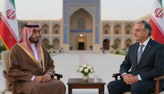 A tense diplomatic scene in Hamadan, Iran, showing a Saudi Arabian official and an American diplomat in a formal meeting, with subtle signs of strain in their body language, set against a backdrop of Middle Eastern architecture and soft evening light, symbolizing the strained Saudi-American relations amid regional tensions involving Qatar and Iran