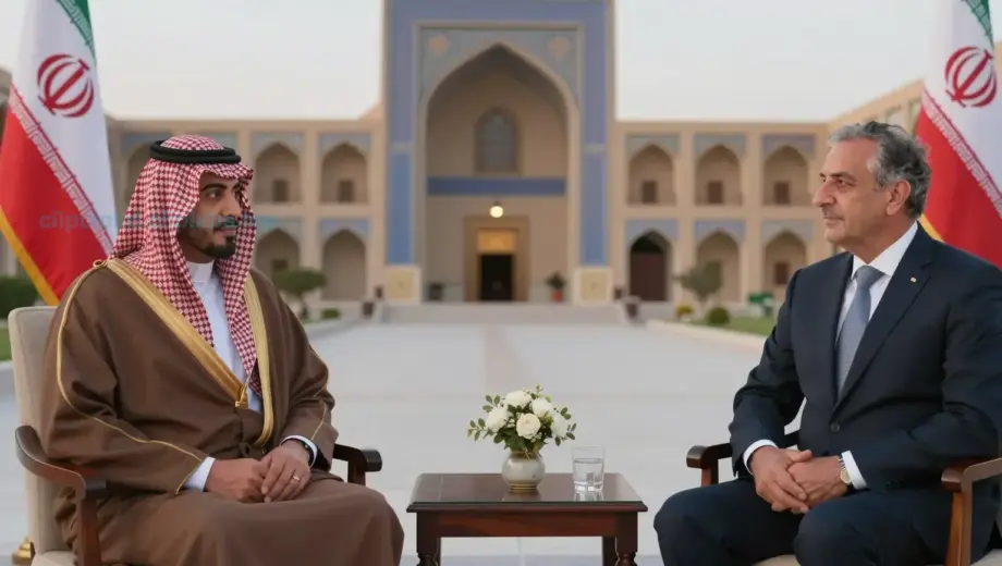 A tense diplomatic scene in Hamadan, Iran, showing a Saudi Arabian official and an American diplomat in a formal meeting, with subtle signs of strain in their body language, set against a backdrop of Middle Eastern architecture and soft evening light, symbolizing the strained Saudi-American relations amid regional tensions involving Qatar and Iran