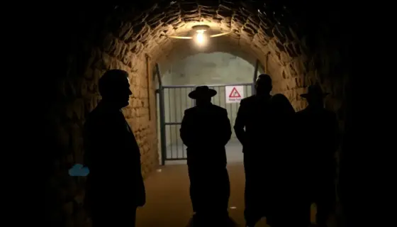 A dimly lit underground tunnel with ancient stone walls and faint torchlight, showing a secret meeting between a man resembling Jared Kushner in a dark suit and a figure in traditional Hamas attire, standing cautiously apart, with subtle hints of tension in the air; in the background, shadowy silhouettes of ultra-Orthodox Jewish men (haredi) in black coats and hats appear to be deserting or withdrawing from a nearby checkpoint, their faces obscured, conveying secrecy and political intrigue