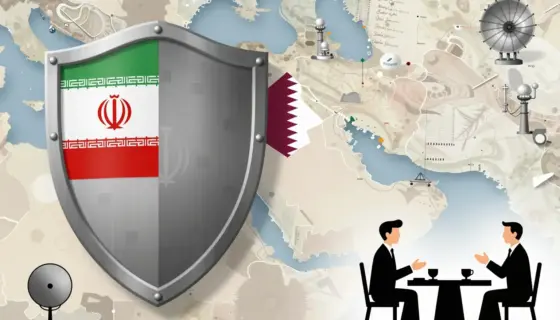 A symbolic representation of Iran's preparedness and strategic planning in response to potential attacks by Hamas and concerns regarding Qatar, featuring abstract elements such as a shield with Persian patterns, a map of the Middle East with highlighted regions (Iran, Gaza, Qatar), and subtle imagery of defensive infrastructure like radar systems and diplomatic dialogue, all rendered in a dignified and analytical tone without depicting violence, weapons, or specific individuals