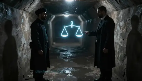 A mysterious secret channel glowing with faint blue light, connecting two shadowy figures: one representing Hamás in dark militant attire, the other a shadowy prosecutor figure in a long coat, standing in a dim underground tunnel with dripping water and distant echoes, symbolizing covert communication and hidden justice