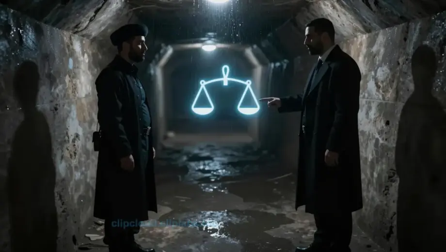 A mysterious secret channel glowing with faint blue light, connecting two shadowy figures: one representing Hamás in dark militant attire, the other a shadowy prosecutor figure in a long coat, standing in a dim underground tunnel with dripping water and distant echoes, symbolizing covert communication and hidden justice
