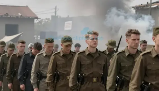 A group of people in military uniforms standing in a line, looking exhausted and disorganized, with a chaotic background showing smoke, debris, and signs of destruction, representing the aftermath of a military retreat under pressure from Hungarian forces